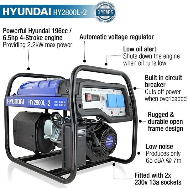 Hyundai HY2800L-2 Recoil Start Petrol Generator 2.2kW/2.75kVA 5 Hyundai HY2800L-2 Recoil Start Petrol Generator 2.2kW/2.75kVA - Image 5