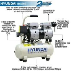 Hyundai HY5508 550w Silent Air Compressor 4cfm 8-Litre 240v -Household Tools HY5508 02