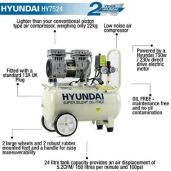 Hyundai HY7524 750w Silent Air Compressor 5.2cfm 24-Litre 240v -Household Tools HY7524 03