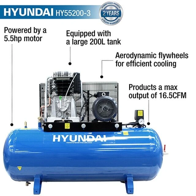 Hyundai HY55200-3 Air Compressor 21cfm 200-Litre 415v 6 Hyundai HY55200-3 Air Compressor 21cfm 200-Litre 415v - Image 6