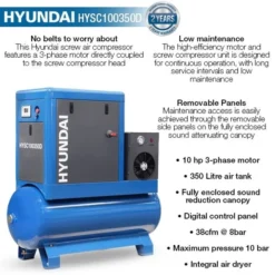 Hyundai HYSC100350D Screw Air Compressor 38cfm 350-Litre 415v -Household Tools hysc100350d features 15626
