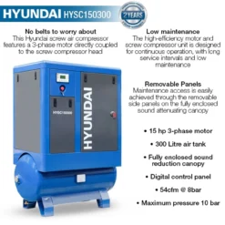 Hyundai HYSC150300 Screw Air Compressor 54cfm 300-Litre 415v -Household Tools hysc150300 features 39886