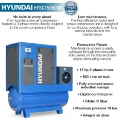 Hyundai HYSC150500D Screw Air Compressor 54cfm 500-Litre 415v -Household Tools hysc150500d features 470x470 1
