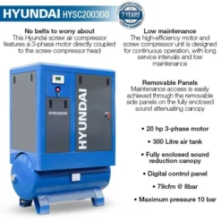 Hyundai HYSC200300 Screw Air Compressor 79cfm 300-Litre 415v 7 Hyundai HYSC200300 Screw Air Compressor 79cfm 300-Litre 415v -Household Tools hysc200300 features 30713