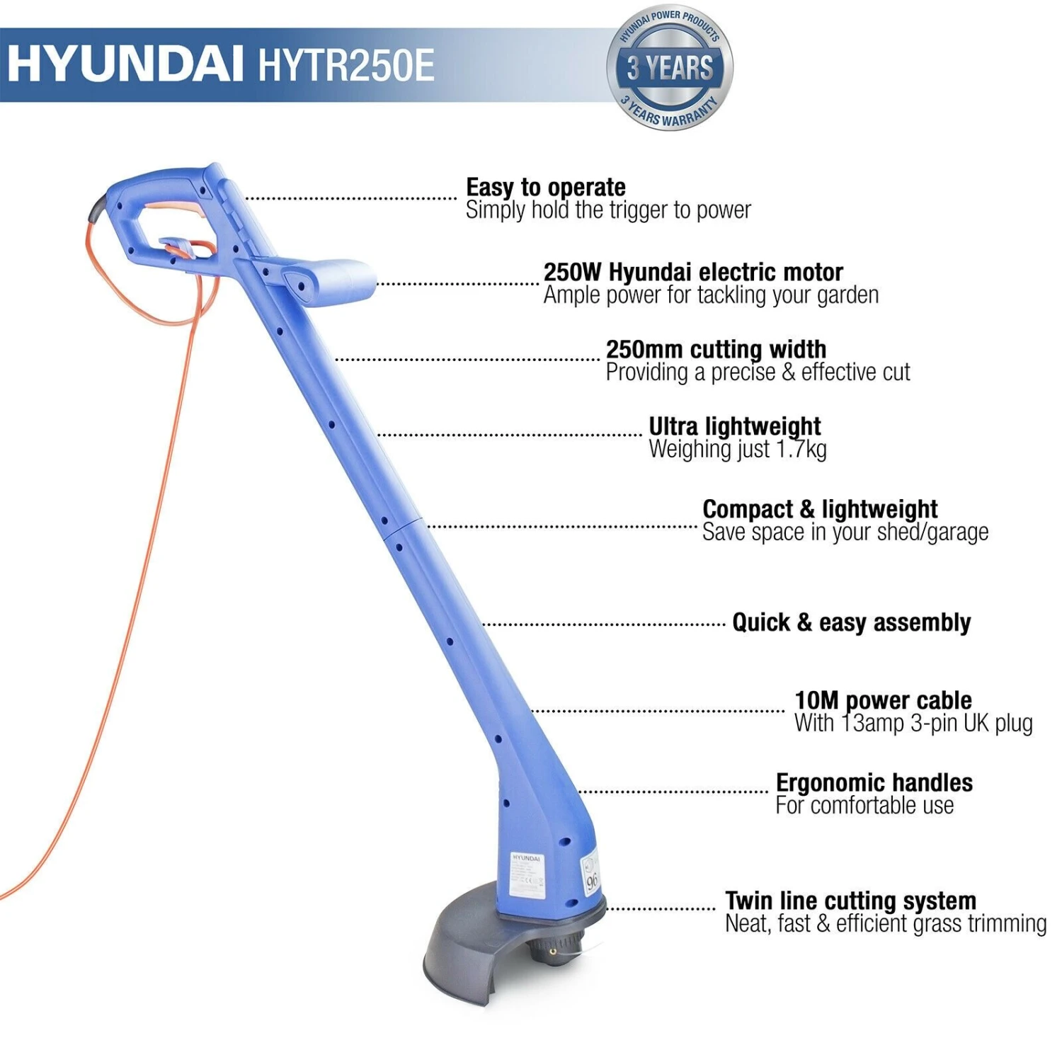 Hyundai HYTR250E Electric 250w Line Trimmer 25cm/10in 240v 3 Hyundai HYTR250E Electric 250w Line Trimmer 25cm/10in 240v - Image 3